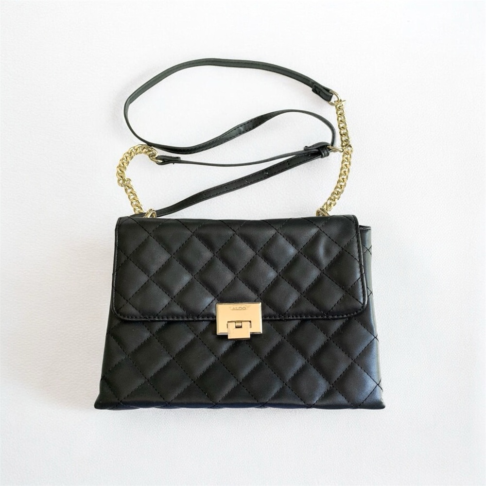 Aldo Black Quilted Faux Leather Chain Cross Body Bag 8x10 inches